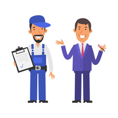 Repairman holding tablet and smiling. Businessman holding pen and smiling. Vector characters