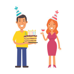 Young man holding cake. Young woman holding glass of wine. Birthday of woman. Vector characters