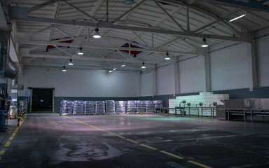 Looking around on a big food factory warehouse with a multi-tiered system. 