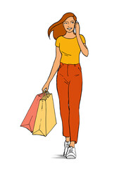 A beautiful girl goes shopping and talks on the phone. In the hands of the packages. Vector isolated outline illustration on a white background