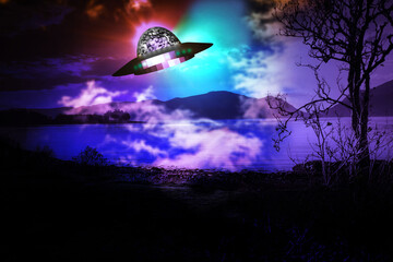 UFO flying over water in the night. 3D render illustration.