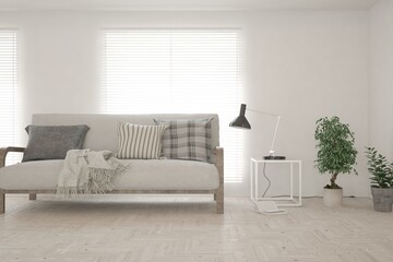 White living room with sofa. Scandinavian interior design. 3D illustration