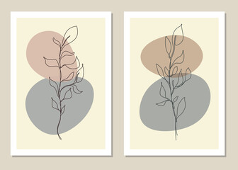 One line abstract wall art with botanical elements. Vector illustration.