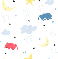 Seamless pattern with cute sleeping cats, clouds and stars. Texture for children's wallpaper, clothing, textiles. Hand draw vector illustration in doodle cartoon style