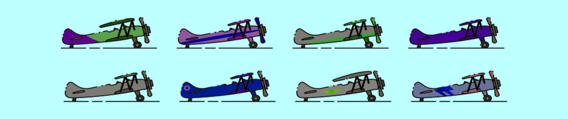 set of biplane logo cartoon icon design template with various models. vector illustration isolated on blue background