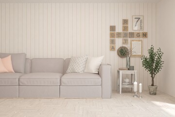 Soft color living room with sofa. Scandinavian interior design. 3D illustration