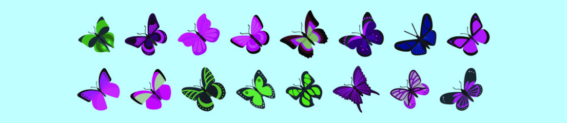 set of butterfly cartoon icon design template with various models. vector illustration isolated on blue background