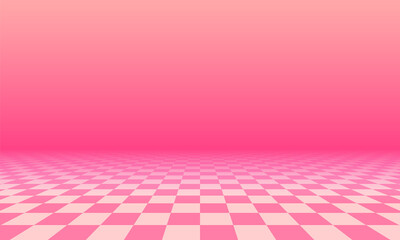 Abstract checkered floor in pink surreal interior. Room with no horizon and tiled floor.