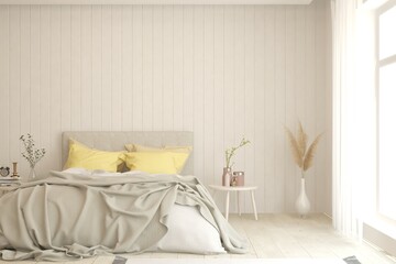 Soft color bedroom interior. Scandinavian design. 3D illustration