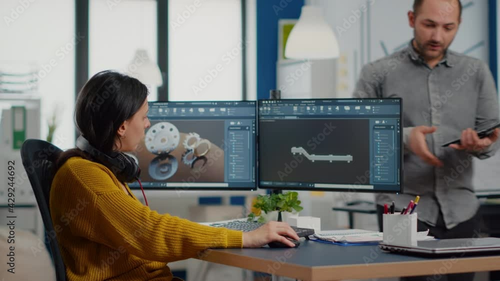 Poster industrial designer holding tablet discussing with woman engineer while working in cad program, desi