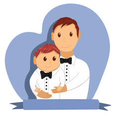 Vector illustration boy with dad in costumes with a bow tie of different nationalities 