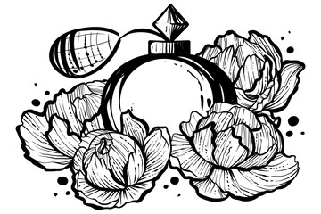 Perfume bottle with peonies vector, monocrome