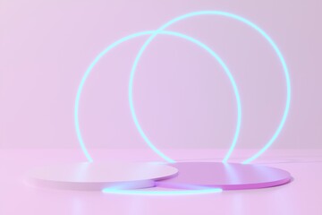 3d render pink color round podiums with blue neon rings