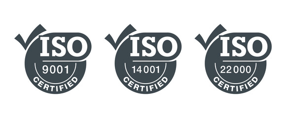 ISO certified stamps with big check mark - obrazy, fototapety, plakaty