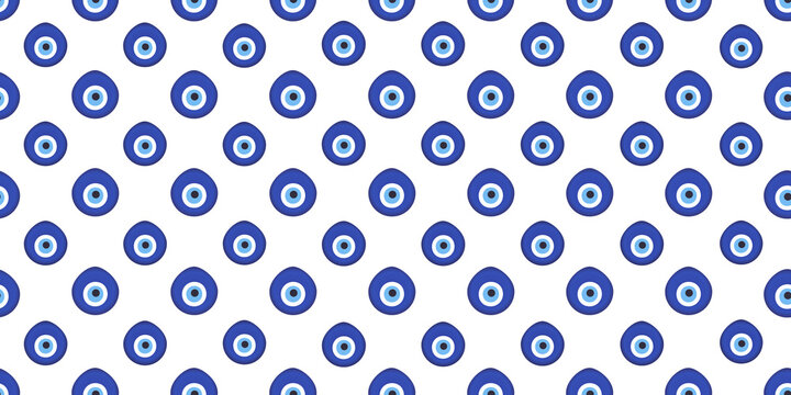 Blue evil eye amulet seamless pattern vector on isolated white background. Decorative Turkish and Greek evil eyes.