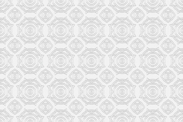 Volumetric convex white background. 3d ethnic geometric ornament. Embossed figured oriental folk classic pattern. Vector graphics for design.