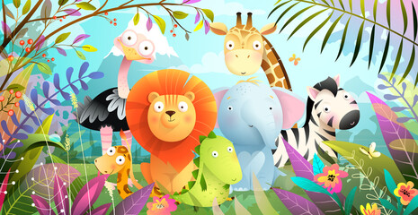 Obraz na płótnie Canvas African animals jungle safari colorful cartoon for kids. Tropical forest or savanna with cute baby lion giraffe elephant and crocodile, funny exotic animals poster. Vector colorful illustration.