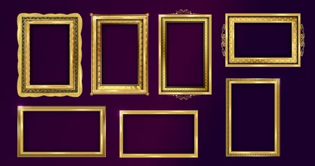 Fotobehang Empty painting or picture frame with golden engraved and carved wooden borders. Set of decorative retro ornamental detailed picture frames. Old classic vector baroque golden frames collection. © SIV Stock Studio