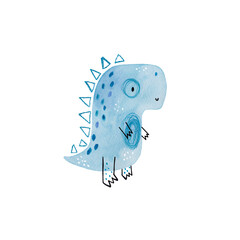 Hand-drawn watercolor children's illustration, poster, print with a cute blue dinosaur in Scandinavian style on a white background. Cute baby animals. Reptile. Dinosaurs. Tyrannosaur.