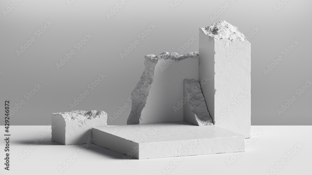 Poster 3d render, abstract background with white cobblestone blocks. modern minimal showcase scene with emp