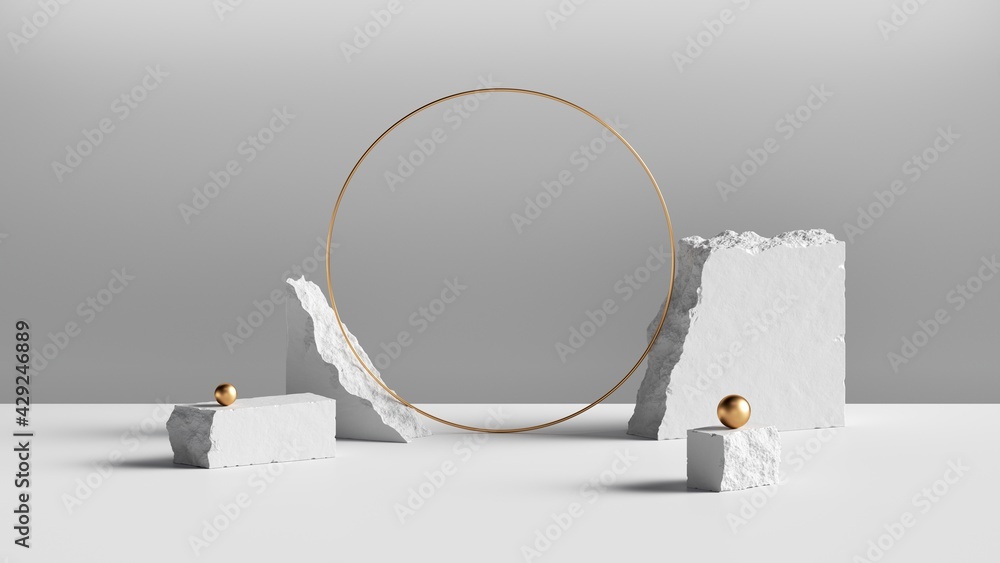 Poster 3d render, abstract background with white cobblestone blocks and blank golden round frame. modern mi