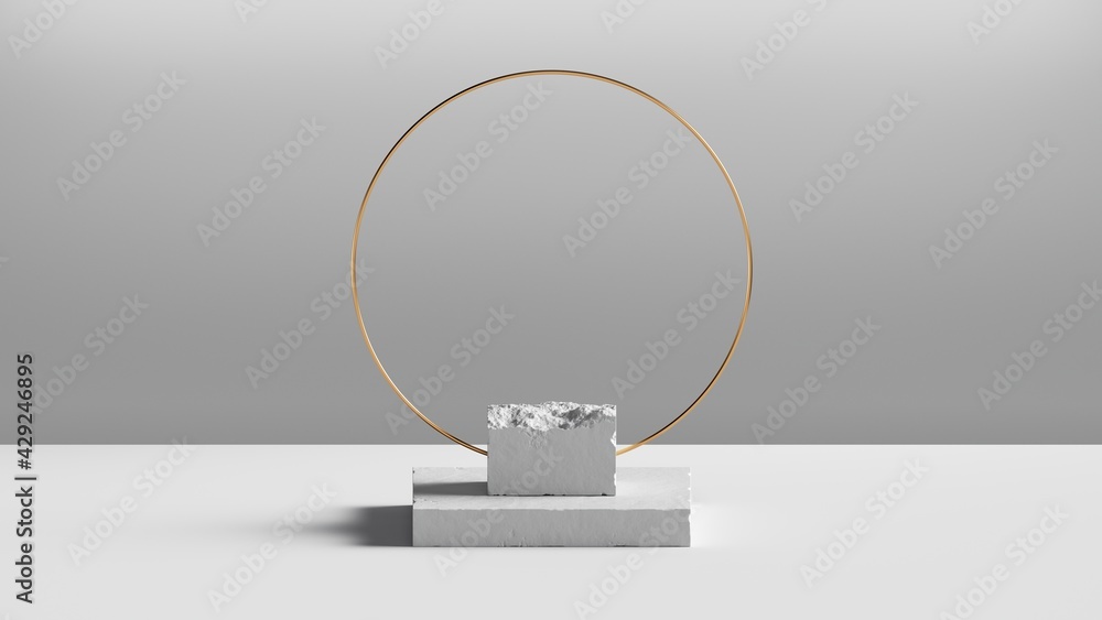 Poster 3d render, abstract modern minimal background with blocks and golden ring. trendy showcase with empt