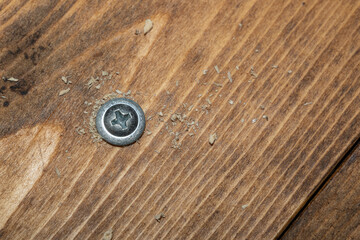Self-tapping screw screwed into a wooden board close-up. Screw for wood