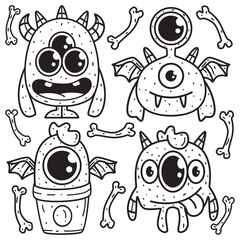 hand drawn cartoon doodle monster design for wallpaper, stickers, coloring books, pins, emblems, logos and more