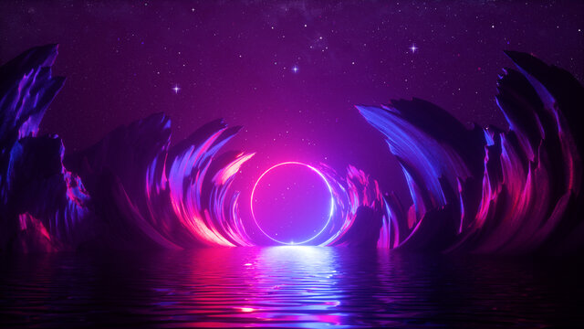 3d render, abstract cosmic neon background with glowing laser ring, rocks under the starry night sky and reflection in the water. Futuristic terrain, fantasy landscape