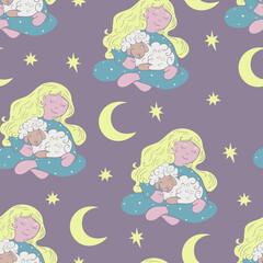 Vector seamless pattern with sitting girl holding lamb with moon and stars on background. Design for sleepwear or textile.