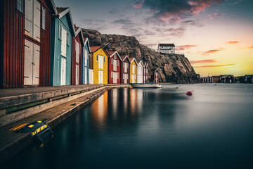 Sweden houses, small colorful fishermen's houses in Sweden smog. A great city right by the sea with...