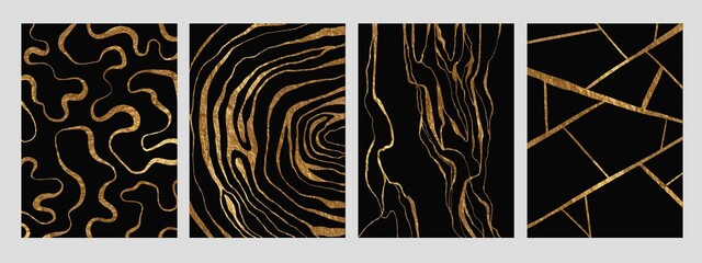 Golden glitter and black abstract marble stone, wood design, natural texture, waves, curls, geodes. Luxury ink, liquid stains, abstract patterns for covers, branding template. © olechkaart