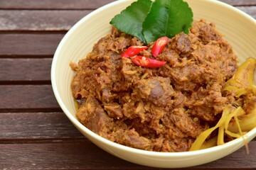 Beef Rendang or spicy beef stew. The popular dish from West Sumatran, Indonesia 