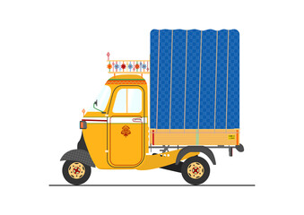 Small jingle truck. Three-wheeled auto-rickshaw. Side view. Flat vector.