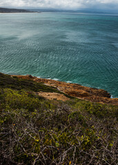 Top view of South African coastline as seen in Robberg Nature Reserve. September 2019.
