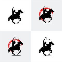 Set of cowboys riding horse silhouette