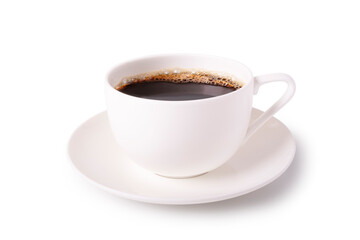 black coffee and bubble in white mug isolated on background