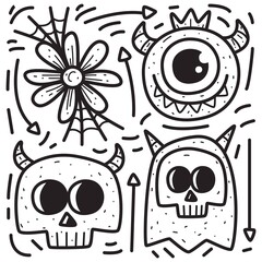 hand drawn cartoon doodle monster design for wallpaper, stickers, coloring books, pins, emblems, logos and more