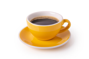 black coffee and bubble in yellow mug isolated on background