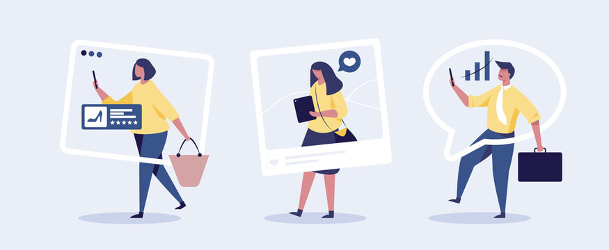 a man and woman looking at their phones with a social media concept.  vector illustration