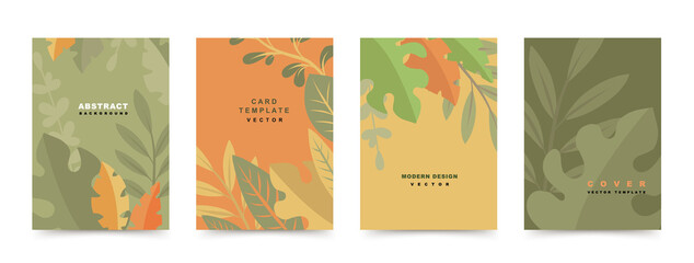 Vector set of abstract backgrounds in modern style with tropical leaves and plants.Trendy simple vector illustration for cover design templates,invitation,  posters,flyer,social media stories,banners