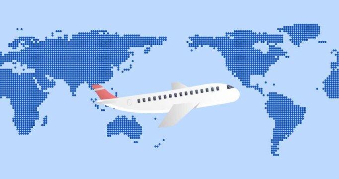 Animation of airplane flying over blue world map
