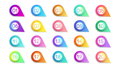 Bullet numbers. Infographic buttons and points. Icon with numbers from 1 to 20. 3d pointers for promotion. Colorful gradient markers for badges, tags. Modern logos in map interface. Vector.