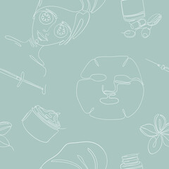 Vector illustration of a seamless pattern with cosmetic services and procedures on blue. Packaging or fabric for cosmetic business, stationery pattern