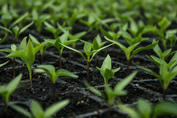 seedlings of papers in cassettes and boxes, taken in a greenhouse. paprika. Small green plants
