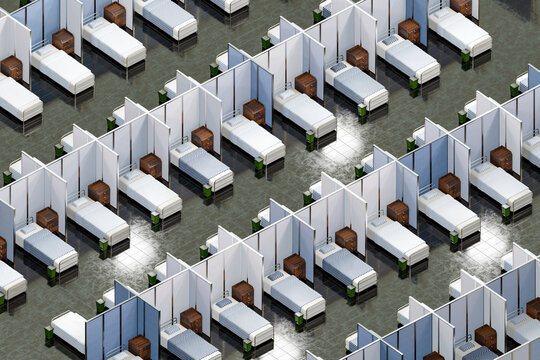 3d Rendering Isometric Overview Of An Emergency Field Hospital To Receive The Coronavirus Covid-19 Infected.