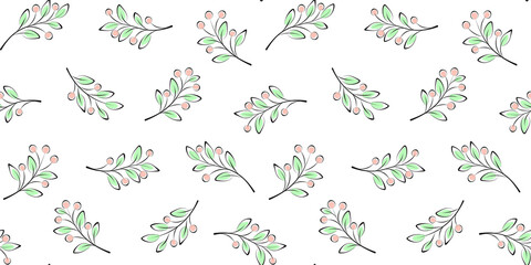 Twigs, branches with leaves and berries on a white background. Summer plant endless texture. Vector seamless pattern for wrapping paper, packaging, wrapper, cover, banner, website wallpaper and print