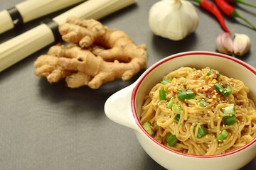 Somen noodle with spicy garlic ginger sesame soy sauce