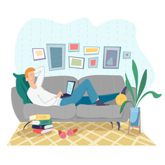 Freelance man working remotely use laptop at comfortable workplace sofa. Self employed person at home office Isolated on white