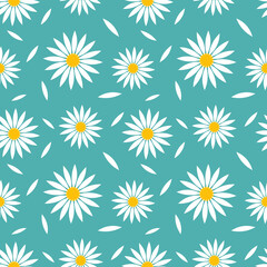White daisies flowers blue seamless pattern